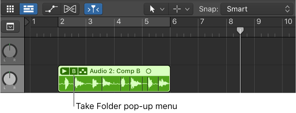 Figure. Pointing out the Take Folder pop-up menu.