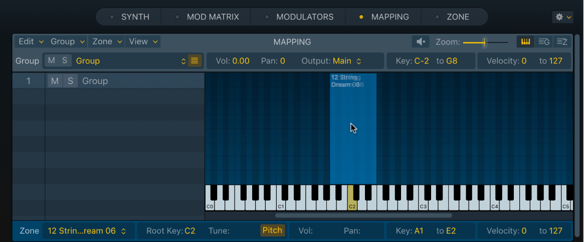 Figure. Sampler Mapping pane keyboard view, showing an audio file being dragged onto a range of keys.