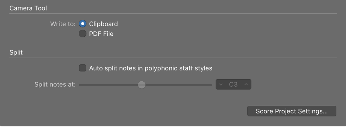 Figure. Camera tool settings in Score preferences pane.