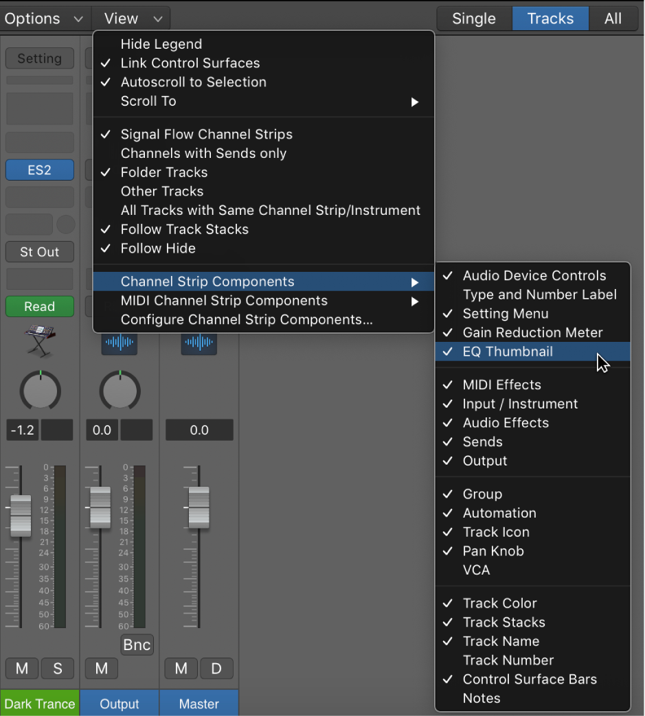 Figure. Channel Strip Components submenu of the Mixer View menu.