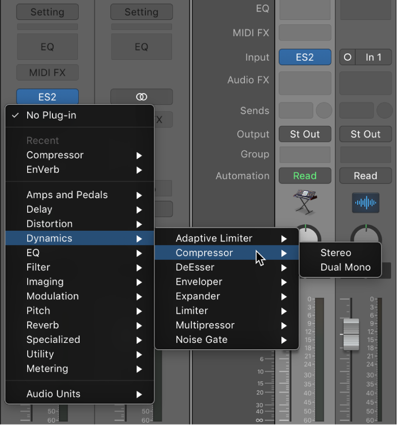 Figure. Choosing an audio effect from the pop-up menu.