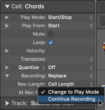 Figure. At Rec-End settings pop-up menu in the Cell inspector.