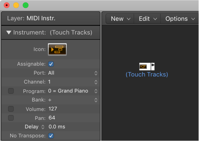 Figure. Environment window showing a touch tracks object and its inspector.