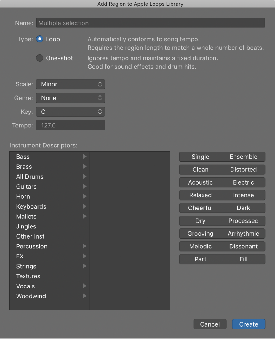 Figure. Add Region to Apple Loops Library dialog.