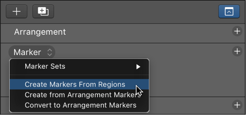 Figure. Marker track showing the Create Markers From Regions menu command.