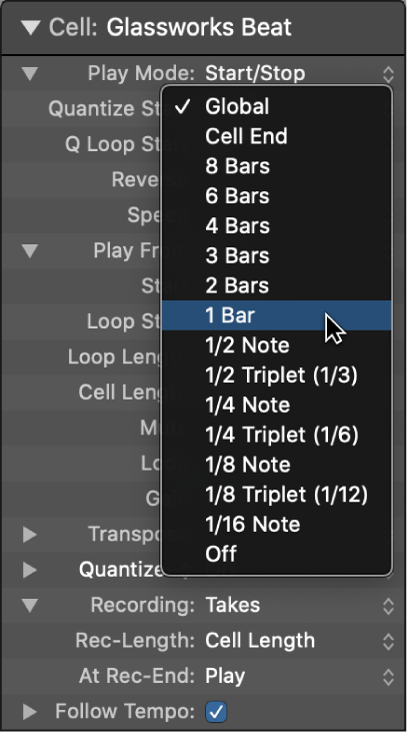 Figure. The Quantize Start pop-up menu in the Cell inspector.