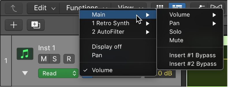 Figure. Choosing an automation parameter from the pop-up menu.