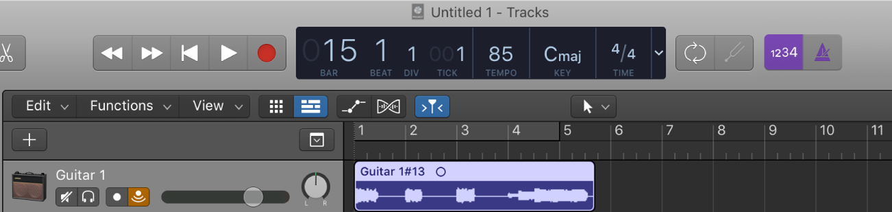 Figure. The Tracks area, showing the new audio region after recording.