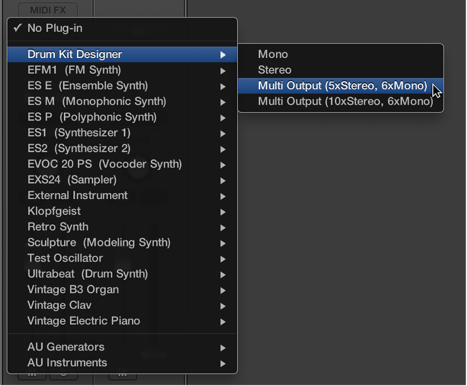 Figure. Instrument slot pop-up menu showing the Sampler Multi Output option.