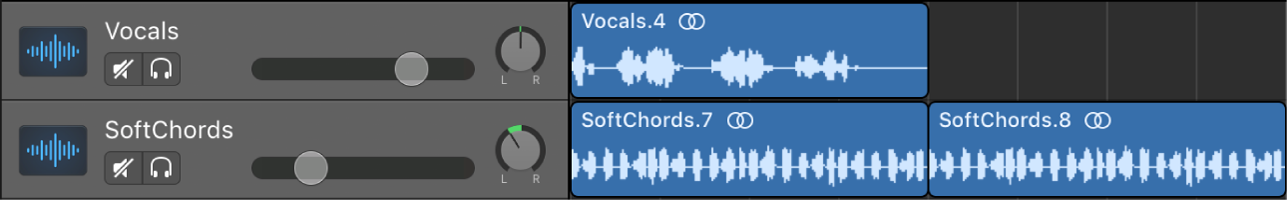 Figure. Audio tracks and audio regions in the Tracks area.