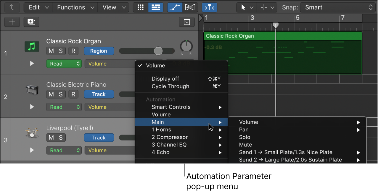 Figure. Showing the Automation Parameter pop-up menu open.