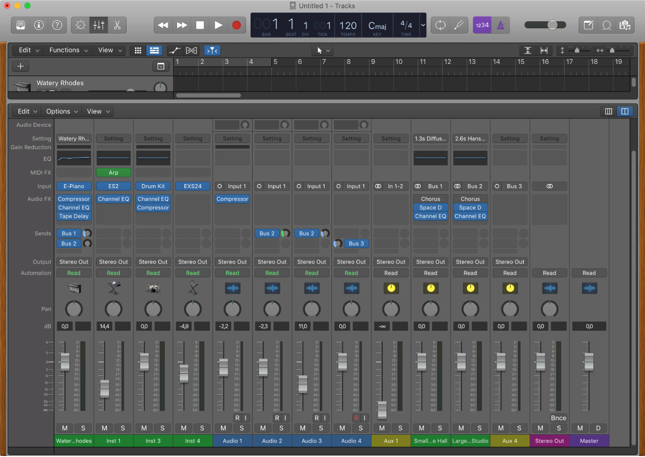 Figure. The Mixer, showing audio, software instrument, auxiliary, output, and master channel strips.