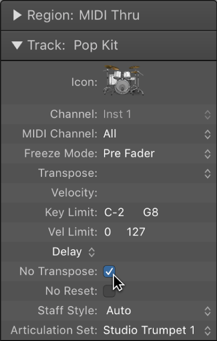 Figure. Track Parameter box with the No Transpose checkbox selected.