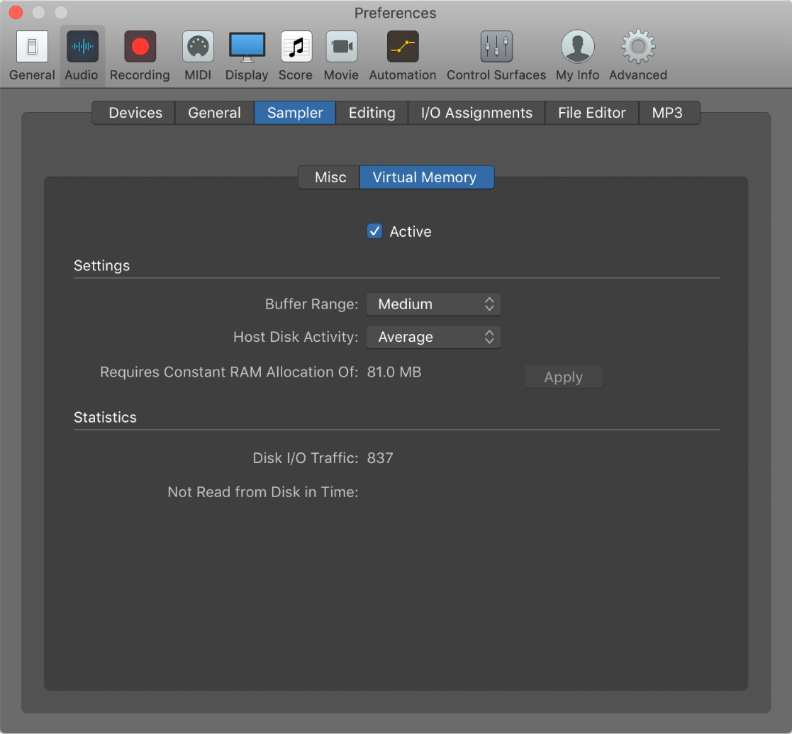 Figure. Sampler Virtual Memory preferences.