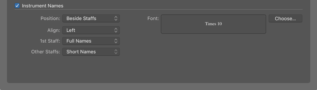 Figure. Instrument Names section of Numbers and Names pane.