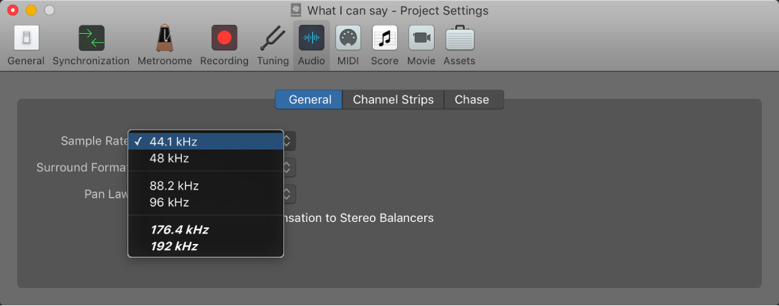 Figure. Sample Rate menu in the Audio project settings pane.