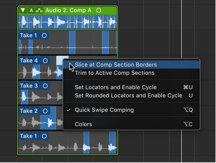 Figure. Choosing Slice at Comp Section Borders from the shortcut menu.