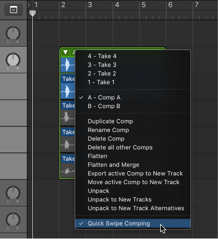 Figure. Selecting Quick Swipe Comping in the pop-up menu.