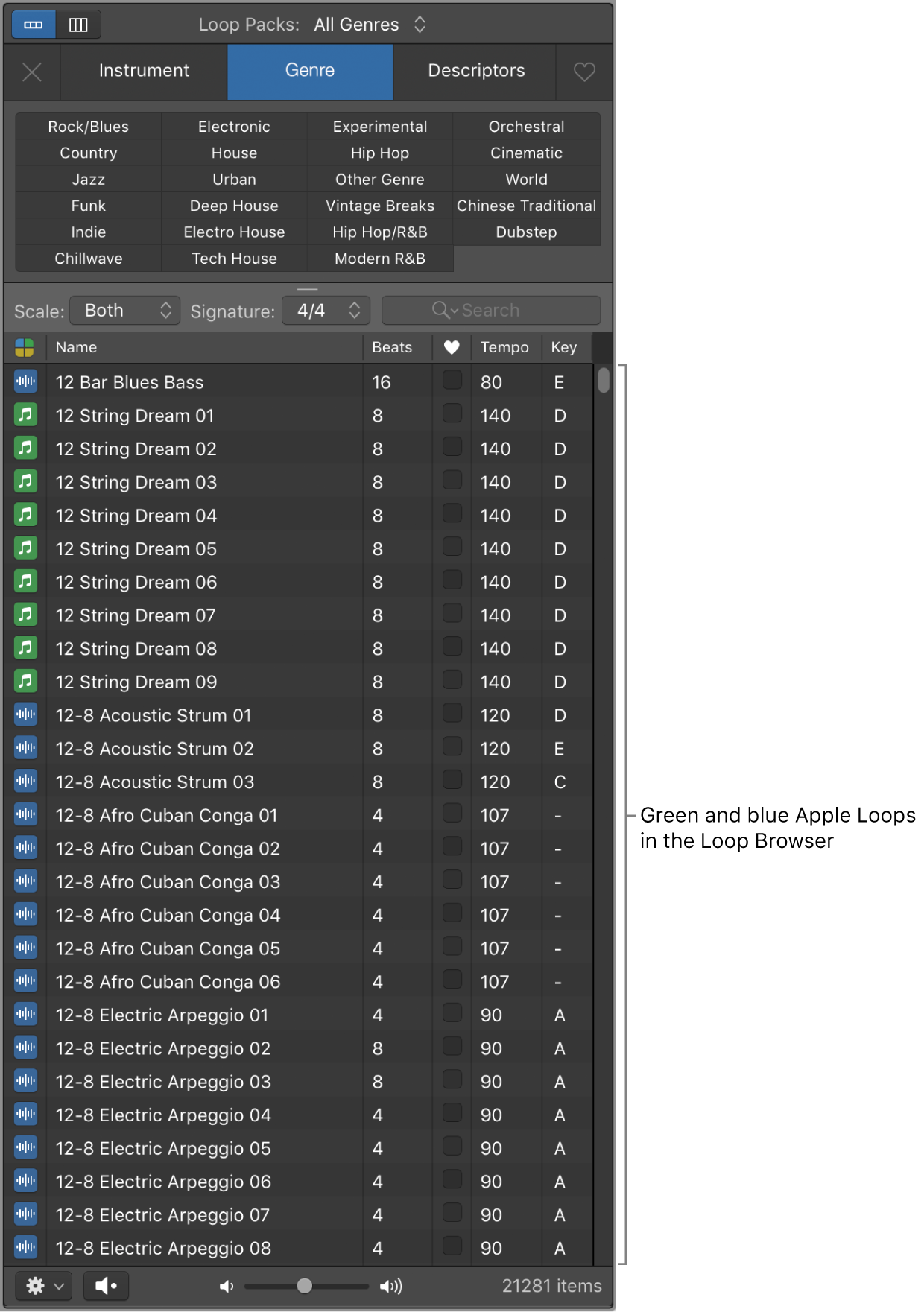 Loop Browser showing software instrument (green) and audio (blue) Apple Loops.