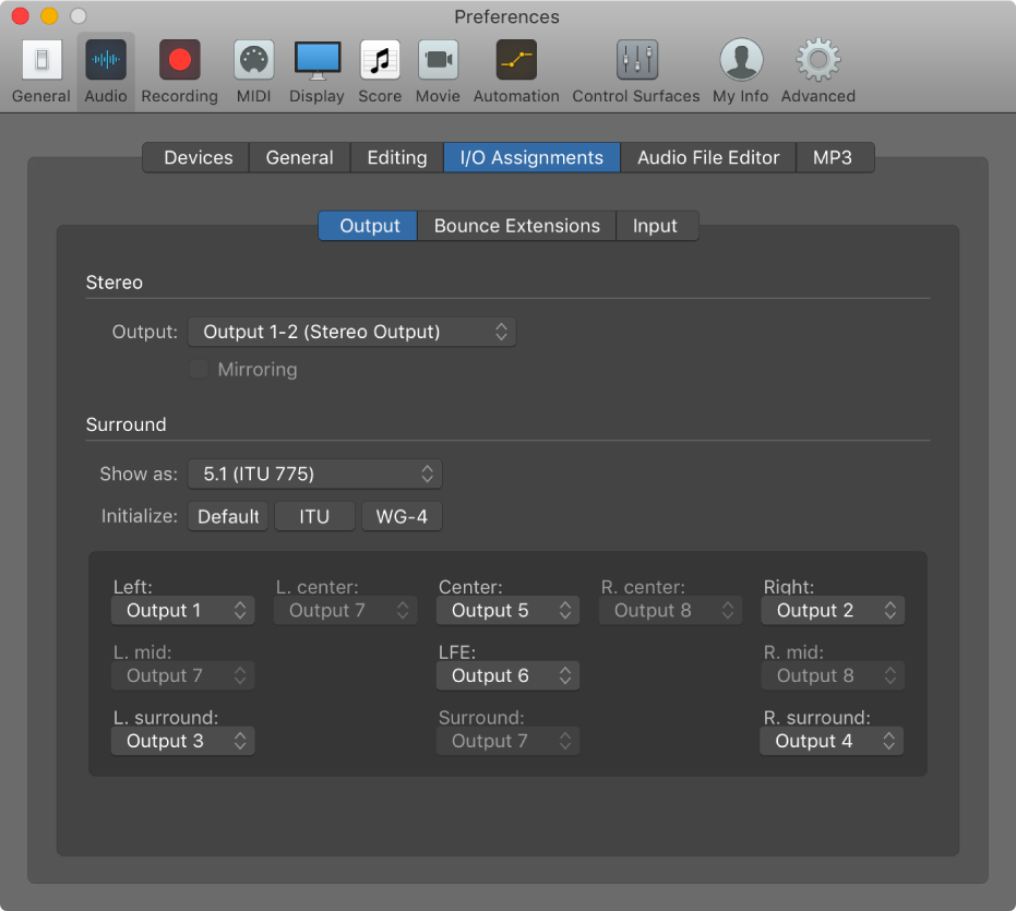 Figure. I/O Assignments pane in Audio preferences.