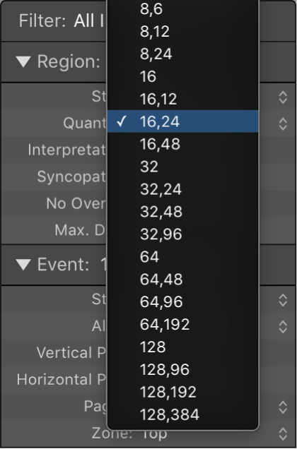 Figure. Display quantization parameters in the Quantize pop-up menu.