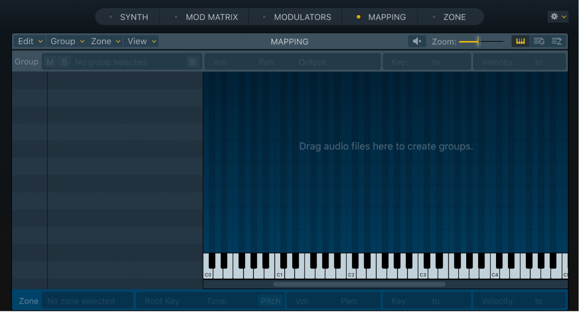 Figure. Empty Sampler Mapping pane, showing Drag audio files here message in keyboard view.