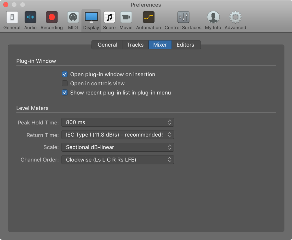 Figure. Mixer Display preferences.