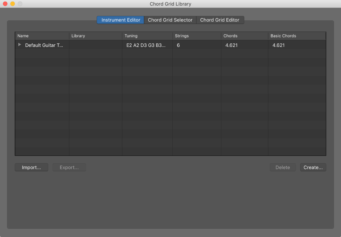 Figure. Instrument Editor pane in Chord Grid Library window.