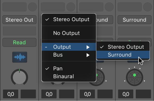 Figure. Choosing Surround from Output pop-up menu on channel strip.