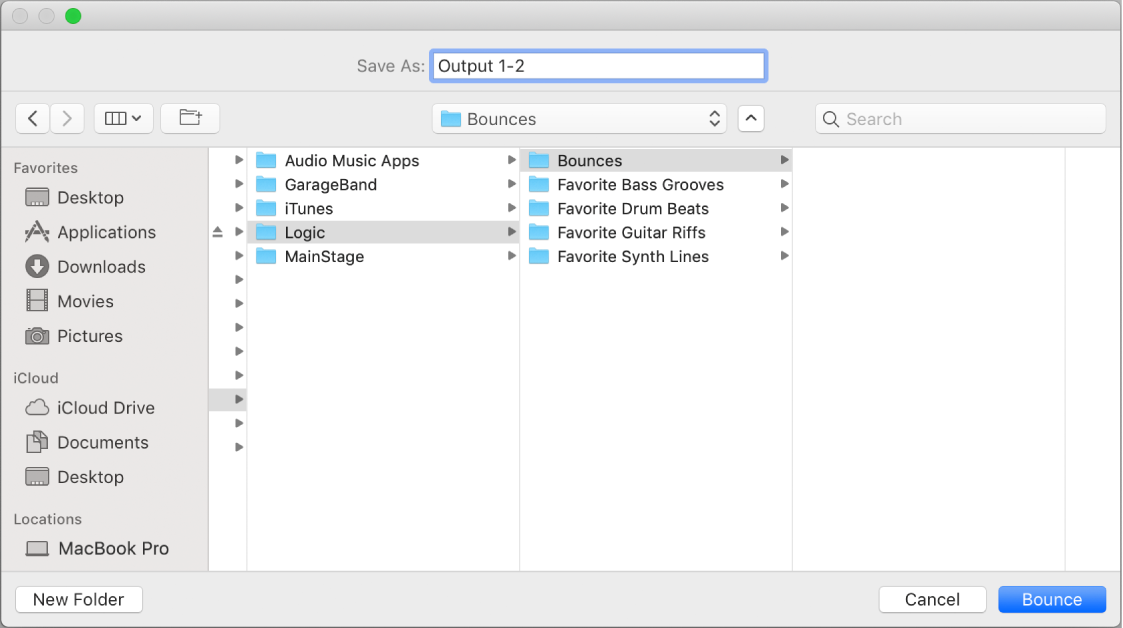 Figure. File name and folder settings in the Bounce window.