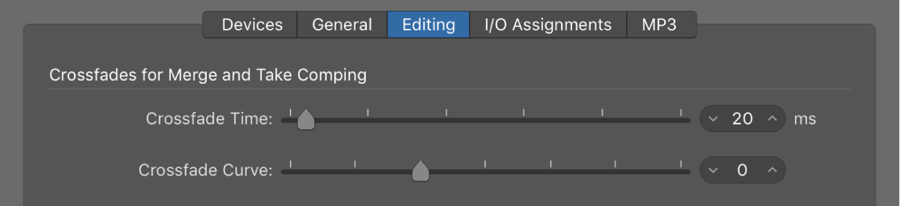 Figure. Editing Audio preferences showing crossfade parameters.