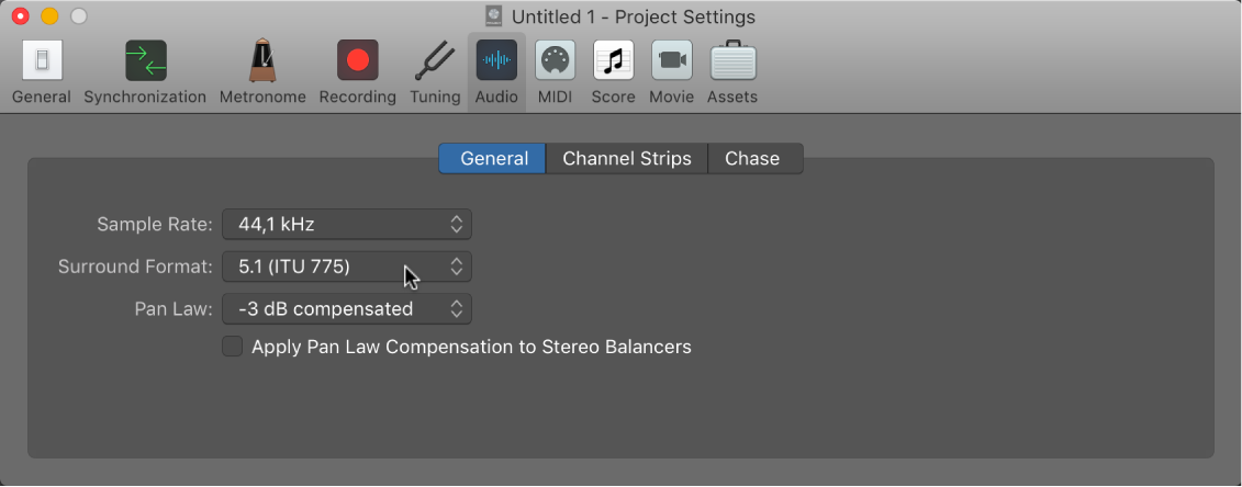 Figure. Audio project settings pane.