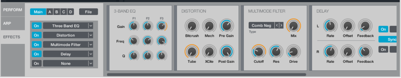 Figure. Effects section, showing effects racks and effects control panels.