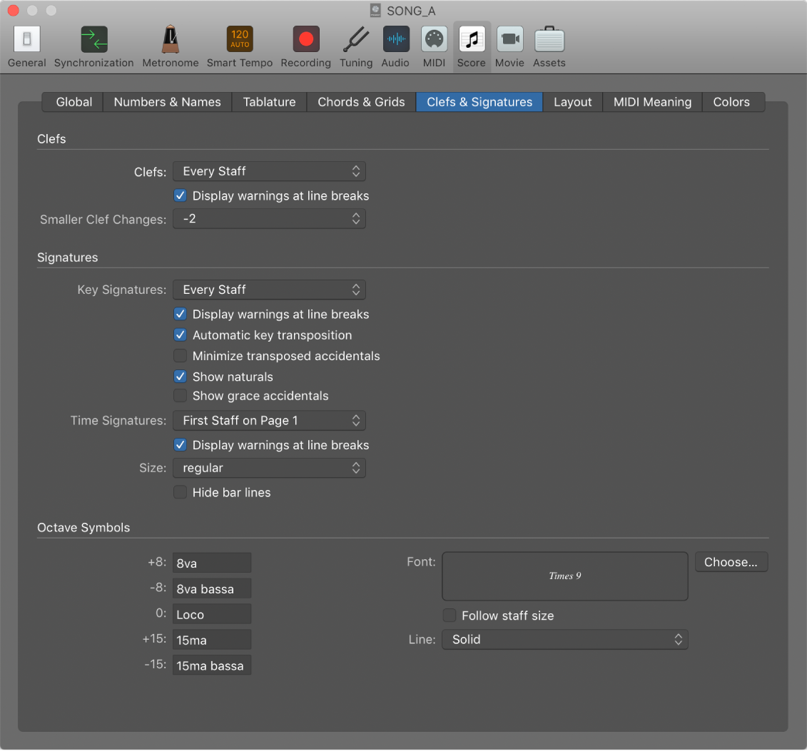 Figure. Clefs and Signatures settings.