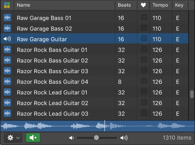 Figure. The Loop Browser with a loop selected in the results list.