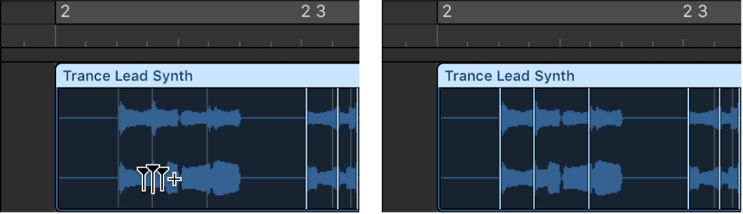 Figure. Audio region showing the creation of three flex markers.