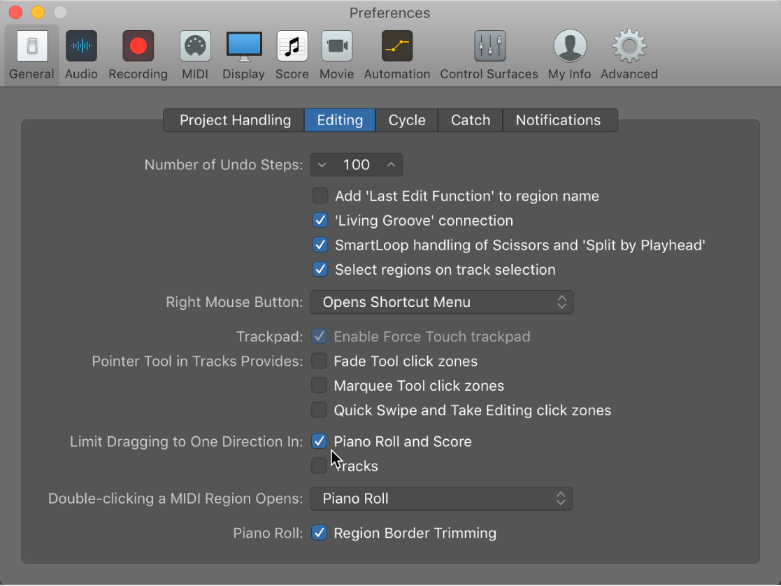 Figure. General Editing preferences indicating options to limit note movement dragging.