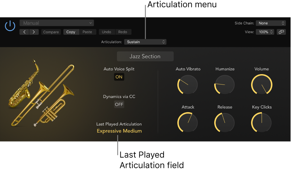 Figure. Software instrument showing Articulation menu and Last Played Articulation field.