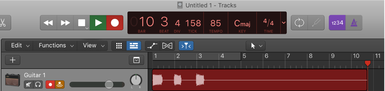 Figure. An audio track in the Tracks area, showing a new audio region being recorded.