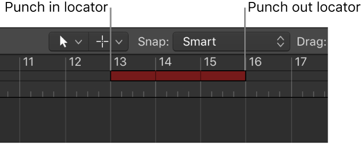 Figure. Showing the autopunch area’s punch in and out locators.