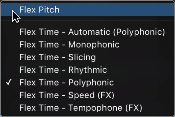 Figure. The Flex pop-up menu, with Flex Pitch mode selected.