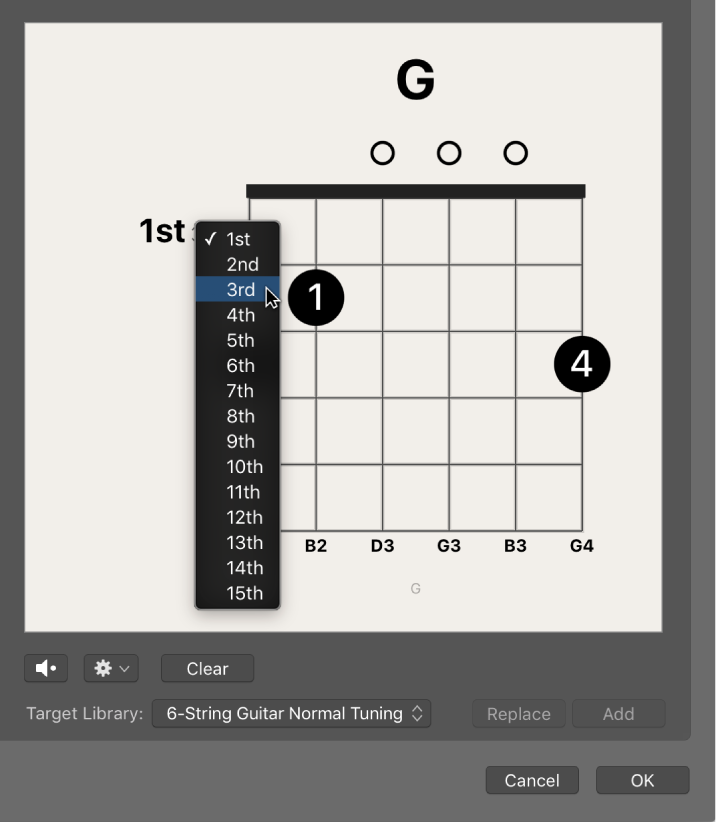 Figure. Choosing a fret number from the pop-up menu.