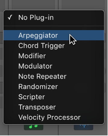 Figure. Choosing a MIDI effect from the pop-up menu.