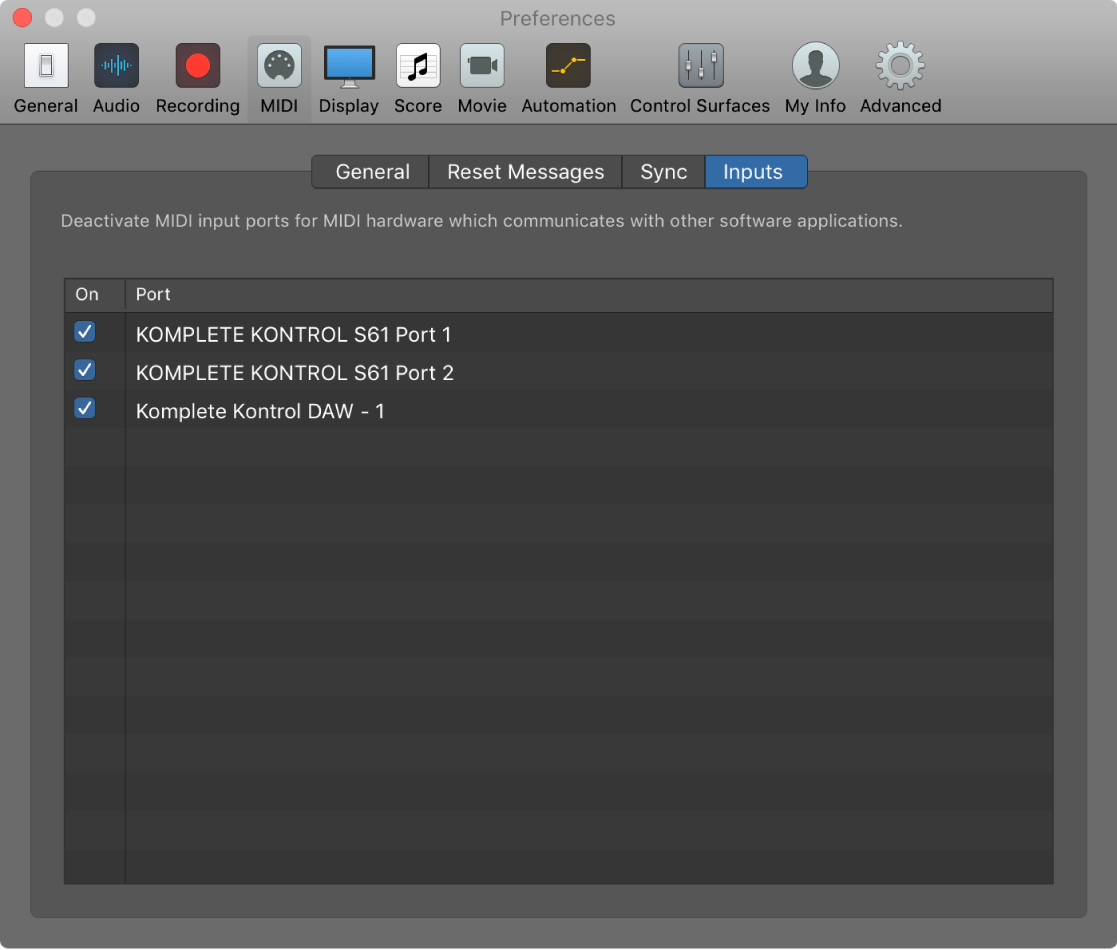 Figure. MIDI Input preferences.