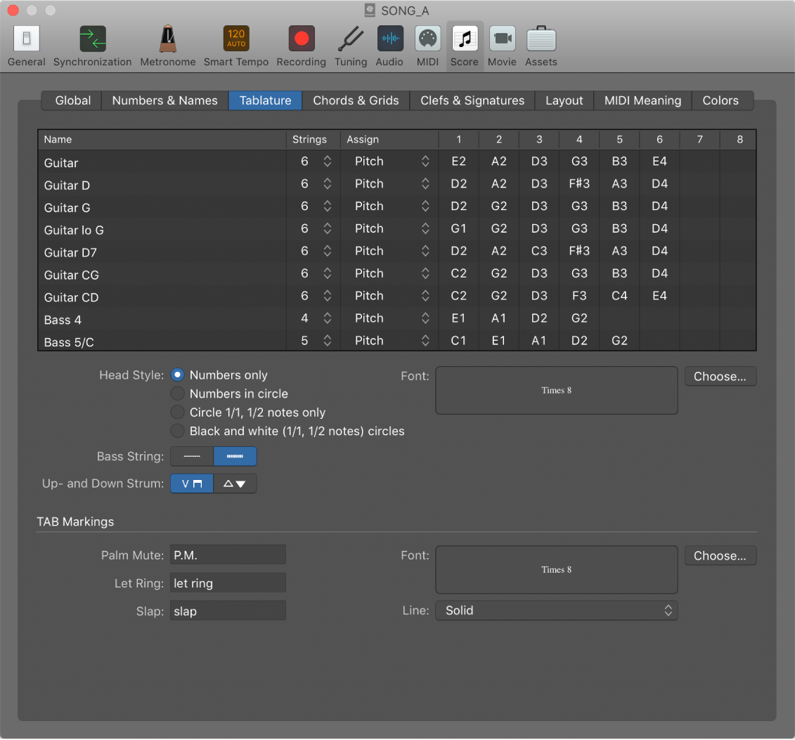 Figure. Score Tablature settings.