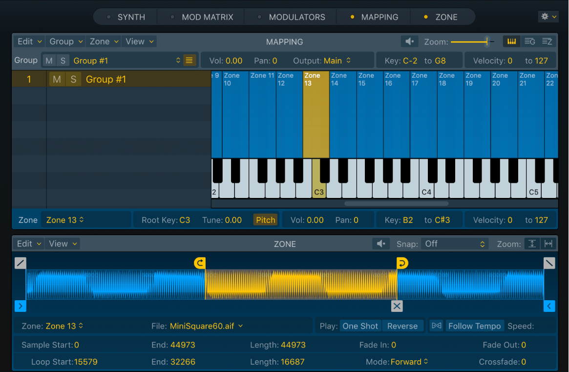 Figure. Sampler Mapping and Zone panes, showing Mapping pane keyboard view with a selected sample which is mirrored in the Zone pane.