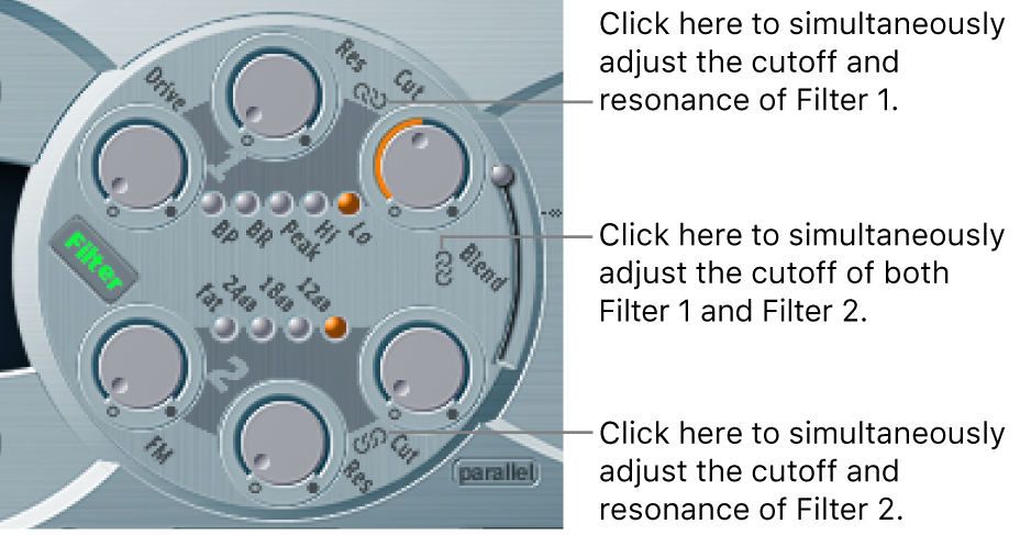 Figure. Filter parameters, showing chain icons between parameters and filters which allow simultaneous control of multiple parameters.