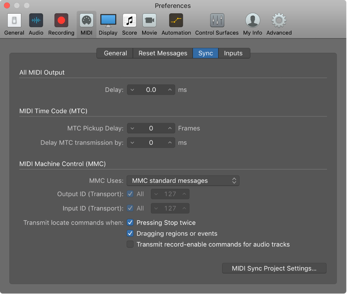 Figure. MIDI Sync preferences.