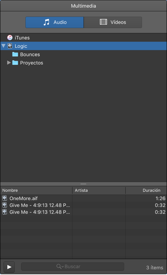Ilustración. Explorador de todos los archivos con las carpetas “Archivos de audio” y Bounces, y archivos de audio en la carpeta Logic.