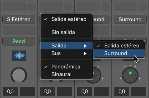 Ilustración. Se está seleccionado Surround en el menú desplegable Salida de un canal.